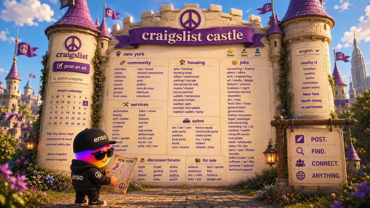 An enso explorer standing at the gates of the Craigslist castle, holding a map