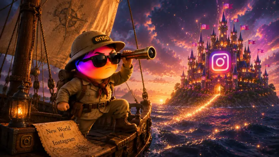 The enso explorer mascot peering through a glowing crack in Instagram's castle wall, holding a small microphone