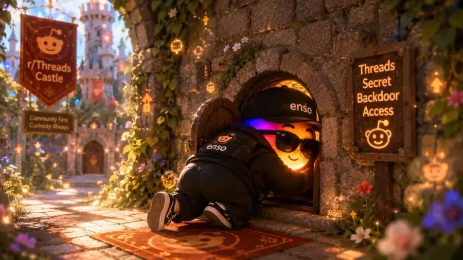The enso explorer mascot crawling through a secret backdoor into the Reddit Threads castle